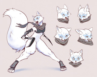 anthro big_tail bottomless breasts clothed clothing ear_tuft facial_markings featureless_crotch female fur head_markings markings ninja simple_background small_breasts solo tail thick_thighs topwear tuft warrior weapon white_body white_fur cicakkia teenage_mutant_ninja_turtles alopex arctic_fox canid canine fox mammal true_fox expression_sheet hi_res