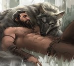 abs arm_hair beard biceps black_hair body_hair bottomwear canid canine canis chest_hair clothing dopq duo facial_hair feral forest fur grey_body grey_fur hair hairy head_on_belly hi_res human lying male mammal muscular muscular_male on_back pants pecs plant scar shaded sleeping sleeping_on_partner sleeping_together tree wolf