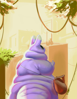 ambiguous_gender anthro black_eyes building leather_pouch light obese obese_ambiguous obese_anthro overweight overweight_ambiguous overweight_anthro plant purple_body solo sunlight citrusslugcat rain_world videocult slugcat