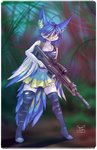 anthro beak blue_hair bottomwear breasts clothed clothing detailed_background ear_tuft feathers female forest gun hair jungle leg_warmers legwear multicolored_body multicolored_feathers pink_eyes plant ranged_weapon rifle skirt solo tree tuft weapon kiaun derideal perico avian 2018 absurd_res digital_media_(artwork) full-length_portrait hi_res portrait shaded signature