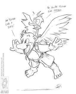 ambiguous_gender annoyed anthro backpack dialogue duo feathered_wings feathers male open_mouth text wings conditional_dnp jollyjack banjo-kazooie rareware banjo_(banjo-kazooie) kazooie avian bear bird breegull mammal 2017 english_text monochrome