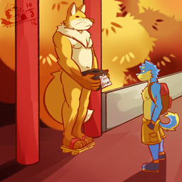 4_toes 5_fingers anthro asian_clothing backpack blue_body blue_fur bottomwear brown_body brown_fur clothed clothing dick_in_a_box duo east_asian_clothing feet fingers footwear fur geta japanese_clothing male multicolored_body multicolored_fur navel nipples nude plantigrade shorts standing toes topless whiskers ventkazemaru max_cando canid canine canis domestic_dog fox mammal shiba_inu spitz 1:1 2016 hi_res