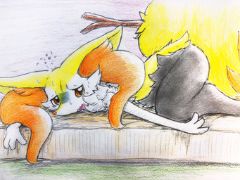 ambiguous_anthro ambiguous_gender anthro ass_up big_tail biped bodily_fluids digitigrade dipstick_tail frown gloom_lines ill looking_at_viewer lying markings mattress object_in_tail on_front open_frown open_mouth side_view snout solo stick stick_in_tail sweat sweatdrop tail tail_markings tears wavy_mouth eiroru nintendo pokemon braixen canid generation_6_pokemon mammal pokemon_(species) 2019 4:3 colored_pencil_(artwork) graphite_(artwork) hi_res japanese_description traditional_media_(artwork) translated_description