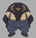 absurd_res animal_humanoid anthro black_body black_fur bovid bovid_humanoid braided_mane caprine clothing dark_body dark_skin dragon_hilt fluffy fur greying_hair grumpy_face hair hair_over_eyes hand_in_pocket hands_in_both_pockets hi_res hooves horn humanoid male mammal mammal_humanoid neck_tuft overalls overweight overweight_anthro overweight_male pockets pough sheep shirt solo spiral_horn topwear tuft