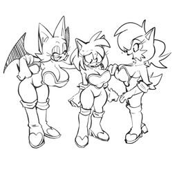 accessory alternate_breast_size alternate_costume anthro back_wings bat_wings big_breasts biped boots breasts cleavage clothed clothed_anthro clothed_female clothing clothing_swap cosplay eyelashes eyes_closed female female/female female_anthro footwear fully_clothed fully_clothed_anthro fully_clothed_female gloves group hair hair_accessory hairband handwear heart_clothing heart_symbol lipstick long_eyelashes makeup membrane_(anatomy) membranous_wings pupils quill_hair shoes shy simple_background snout standing trio wings klacket sega sonic_the_hedgehog_(series) amy_rose rouge_the_bat sally_acorn bat chipmunk eulipotyphlan ground_squirrel hedgehog mammal rodent sciurid 1:1 2025 absurd_res black_and_white digital_drawing_(artwork) digital_media_(artwork) hi_res monochrome