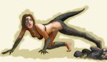 all_fours bra breasts brown_hair clothing female green_body green_scales hair open_mouth rock scales scared simple_background solo transformation underwear jcheetah human komodo_dragon lizard mammal monitor_lizard reptile scalie 2011