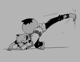 action_pose all_fours anthro arm_scar arm_support barefoot belt_pouch biped breasts butt claws clothed clothing cosplay crop_top crossover_cosplay dipstick_tail facial_markings feet female flexible gloves_(marking) grey_background hair head_markings kick leg_scar legwear looking_back markings mask_(marking) open_mouth open_smile panties pantsless pose raised_leg scar shirt side_view simple_background small_breasts smile solo tail tail_markings toe_claws toes topwear underwear high5art brand_new_animal skullgirls studio_trigger michiru_kagemori nadia_fortune canid canine mammal raccoon_dog tanuki 2022 crossover digital_drawing_(artwork) digital_media_(artwork) greyscale hi_res monochrome portrait sketch