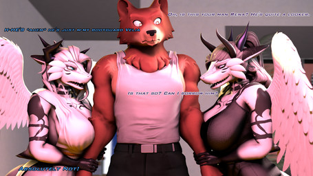 2_horns anthro big_breasts black_body black_bottomwear black_clothing black_dress black_pants black_scales blue_eyes bottomwear breasts cleavage clothed clothing dialogue dress feathered_wings feathers female fur grey_hair group hair horn inside long_hair male markings multicolored_body multicolored_fur multicolored_scales open_mouth open_smile pants pink_eyes ponytail red_body red_eyes red_fur scale_markings scales sharp_teeth shirt smile tank_top teeth text topwear trio two_tone_body two_tone_fur two_tone_scales white_body white_clothing white_dress white_hair white_scales wings atoastedorange petruz_(modeler) warfaremachine_(modeler) mythology rena_(sanguinepaladin) stefan_(sanguinepaladin) velia_(sanguinepaladin) aquatic bear dragon fish hybrid mammal mythological_creature mythological_scalie scalie shark 16:9 2025 3d_(artwork) digital_media_(artwork) english_text hi_res source_filmmaker_(artwork) widescreen sibling_(lore) sister_(lore) sisters_(lore) twins_(lore)