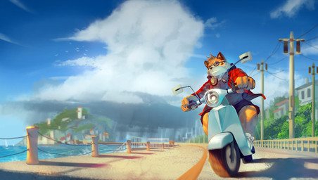 5_fingers anthro biped bottomwear claws clothing cloud eyewear fingers footwear glasses motor_scooter motor_vehicle red_eyes sea shoes shorts sky solo utility_pole water lanoodles canid canine mammal 2015