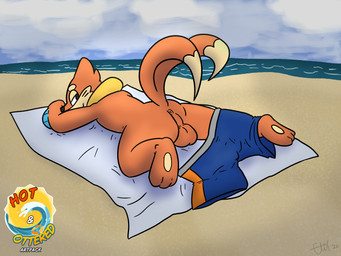 anthro beach beach_towel clothing cloud fur looking_back male orange_body orange_fur solo swimming_trunks swimwear towel water eliktroniq nintendo pokemon buizel generation_4_pokemon pokemon_(species) 4:3 absurd_res hi_res