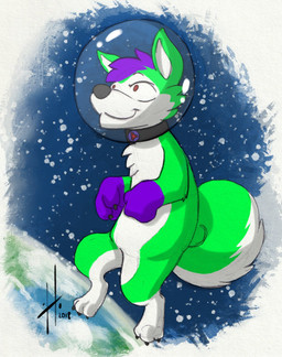 anthro black_claws cheek_tuft chibi claws closed_smile earth facial_tuft featureless_crotch finger_claws fur gloves_(marking) green_body green_fur green_tail hair male male_anthro markings mouth_closed planet purple_hair red_eyes short_hair slim_anthro slim_male smile solo space star tail toe_claws tuft white_body white_fur white_tail hufnaar canid canine mammal hi_res