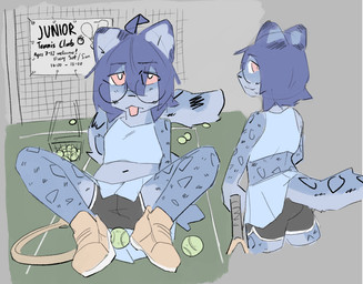 ahoge ambiguous_gender anthro arched_back ball bottomwear bra clothing crop_top dolphin_shorts eye_through_hair eyebrow_through_hair eyebrows eyewear footwear glasses hair hands_behind_back inner_ear_fluff kemono leaning leaning_backward leopard_spots midriff navel navel_outline on_ground pink_eyes pleated_skirt pupils rear_view round_glasses shirt shoes simple_background skirt sneakers solo sport sports_bra spots spread_legs spreading tail tennis tennis_ball tennis_court tennis_racket text tongue tongue_out topwear translucent translucent_hair tuft underwear white_pupils young young_anthro snepause shen_(snepause) felid mammal pantherine snow_leopard colored english_text