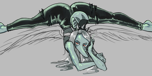 amber_eyes anthro black_bottomwear black_clothing black_pants bone_frill bottomwear butt claws clothing feathered_wings feathers feet female flexible frill_(anatomy) glistening glistening_body glistening_scales grey_background grey_body grey_hair grey_scales hair long_hair looking_at_viewer lying on_front pants scales short_tail simple_background snout solo spread_legs spreading tail thick_thighs toe_claws toes torn_bottomwear torn_clothing torn_pants wings sakamtosng cavemanon_studios goodbye_volcano_high ko_op_(game_developer) snoot_game fang_(gvh) prehistoric_species pterosaur reptile scalie 2025 digital_drawing_(artwork) digital_media_(artwork)