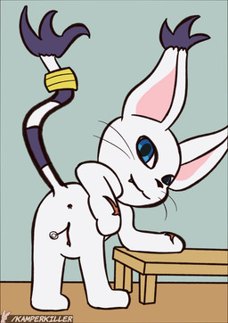 accessory anthro chibi female furgonomics genitals jewelry object_insertion presenting ring solo tail tail_accessory tail_jewelry tail_ring vulva kamperkiller bandai_namco digimon digimon_(species) gatomon comic cover hi_res