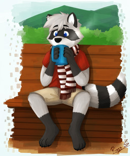 anthro bench black_body black_eyebrows black_fur black_nose black_tail blue_eyes bottomwear cheek_tuft clothing container cup drinking eyebrows facial_tuft front_view fur glistening glistening_eyes gloves_(marking) grey_body grey_fur grey_tail holding_container holding_cup holding_mug holding_object leg_markings male markings mug on_bench pattern_clothing pattern_scarf plant red_clothing red_shirt red_t-shirt red_topwear scarf shirt shrub sitting socks_(marking) solo spread_legs spreading striped_clothing striped_markings striped_scarf striped_tail stripes t-shirt tail tail_markings tan_bottomwear tan_clothing topwear tuft whiskers white_body white_fur pache_riggs mammal procyonid raccoon 5:6 hi_res signature