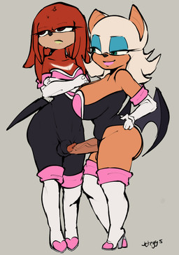 annoyed anthro armor armwear balls big_breasts bodysuit boots breastplate breasts bulge butt clothed clothing cross-popping_vein crossdressing crossed_arms duo elbow_gloves erection eyeshadow femboy footwear fur genitals gloves green_lips gynomorph gynomorph/male handwear intersex intersex/male legwear lips lipstick makeup male membrane_(anatomy) membranous_wings narrowed_eyes penis red_body red_fur shoes skinsuit smile tail tan_body thigh_boots thigh_highs tight_clothing white_body white_fur wings jeteggs sega sonic_the_hedgehog_(series) knuckles_the_echidna rouge_the_bat bat echidna mammal monotreme absurd_res hi_res