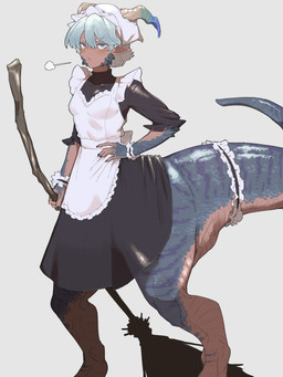 breasts broom claws cleaning_tool clothed clothed_female clothed_taur clothing dark_body dark_skin female hand_on_hip holding_broom holding_cleaning_tool holding_object horn maid_uniform pointy_ears scales solo split_form uniform tlto1910 mythology dragon dragon_taur mythological_creature mythological_scalie scalie taur 3:4 absurd_res hi_res