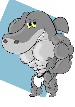 anthro belly big_bulge big_butt big_muscles big_pecs big_penis bulge butt clothing genitals high-angle_view larger_male male muscular muscular_male pecs penis size_difference solo underwear kogo sharko fish marine shark hi_res