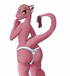 anthro biped butt clothed clothing digitigrade female hat headgear headwear horn looking_at_viewer looking_back panties piercing rear_view simple_background skimpy solo standing underwear white_background mendobear alice_(mendobear) reptile scalie hi_res