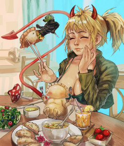 angry anthro beverage blonde_hair bodily_fluids clothed clothing cutlery dinner drinking_straw dumplings eating eyes_closed female food food_fetish for_a_head fork fruit fungus furniture group hair horn kitchen_utensils knife lemon male male/female mushroom plant plate spoon sweat sweatdrop table tail tan_body tan_skin tomato tools trio vlal yudvacof dorohedoro kaiman_(dorohedoro) nikaido_(dorohedoro) animal_head animal_humanoid food_creature human humanoid lizard mammal reptile scalie digital_media_(artwork) hi_res