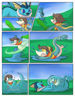belly blue_body blue_eyes brown_hair duo feral hair melee_weapon outside overweight sword vore weapon dweet-tea nintendo pokemon eeveelution generation_1_pokemon generation_5_pokemon pokemon_(species) snivy vaporeon 2016 comic hi_res