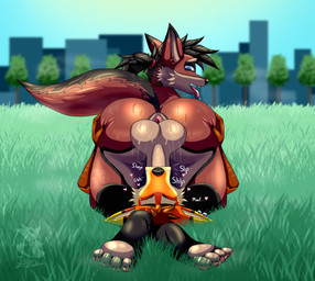 69_position anthro anus balls big_butt blue_eyes blurred_background bodily_fluids brown_hair butt butt_grab duo erection eyes_closed fellatio fur genitals glistening glistening_balls glistening_genitalia grass grass_field hair hand_on_butt head_on_paws heart_symbol humanoid_genitalia humanoid_penis irrumatio looking_back lying male male/male male_penetrated male_penetrating male_penetrating_male markings nude on_back onomatopoeia open_mouth oral oral_penetration orange_body orange_eyes orange_fur outside outside_sex penetration penile penis penis_in_mouth plant ponytail sex sound_effects sweat sweatdrop tail tan_body tan_fur text thick_thighs tongue tongue_out wide_hips tsanufox plasma_(tsanufox) tsuny canid canine canis fox mammal red_fox true_fox vulpin digital_drawing_(artwork) digital_media_(artwork) hi_res shaded