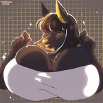 anthro big_breasts breasts clothed clothing egyptian female gold_(metal) solo tattoo teasing tight_clothing coelhinha_artes egyptian_mythology middle_eastern_mythology mythology anubis skailer_anube canid canine canis deity jackal mammal 1:1 hi_res