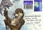 anthro bayshore blotch card_template chest_tuft fish fur holding_object holding_weapon male mammal marine melee_weapon mustelid otter polearm postcard solo spear the_dog's_days_of_summer tuft weapon