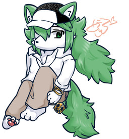 3_toes 4_fingers alternate_species anthro barefoot baseball_cap biped bottomwear clothed clothed_anthro clothed_male clothing feet fingers fur furgonomic_hat furgonomic_headwear furgonomics furrification green_body green_eyes green_fur hair hair_over_eye hat headgear headwear inner_ear_fluff knees_pulled_up male male_anthro pants pawpads shirt simple_background sitting solo tail toes topwear tuft white_background white_body white_fur wristband puniwanko nintendo pokemon n_(pokemon) canid canine fox mammal 2026 digital_media_(artwork) signature