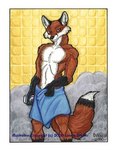 anthro black_nose blue_towel border brown_body brown_fur fur holding_soap looking_at_viewer male pecs snout solo standing tail towel towel_around_waist towel_only white_body white_border white_fur lonnie_dinello canid canine fox mammal red_fox true_fox 2000 colored_pencil_(artwork) low_res portrait shaded three-quarter_portrait traditional_media_(artwork)