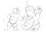 anthro biped bottomwear boxing_gloves boxing_shorts clothing duo handwear male punching_bag shorts simple_background scruffydraws brok_the_investigator cowcat_games brok_(brok_the_investigator) graff_filsh alligator alligatorid crocodilian domestic_cat felid feline felis mammal reptile scalie hi_res monochrome