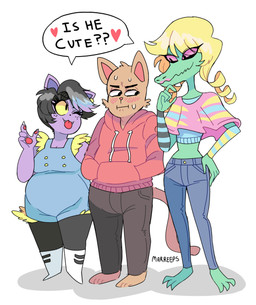 anthro black_hair blonde_hair blush bottomwear breasts clothed clothing denim denim_bottomwear denim_clothing dialogue female footwear group hair heart_symbol hoodie jacket jeans male pants shoes simple_background slightly_chubby slim speech_bubble text topwear weight_difference white_background forsythiaflowers undertale undertale_(series) bratty_(undertale) burgerpants catty_cattenheimer alligator alligatorid crocodilian domestic_cat felid feline felis mammal reptile scalie 2015 english_text hi_res translation_check translation_request