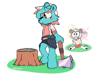 ambiguous_anthro ambiguous_gender anthro axe being_watched blue_body blue_fur cheek_tuft facial_tuft fur grass holding_axe holding_object looking_at_another plant sitting tree_stump tuft rubyfunkey jalala_(cult_of_the_lamb) rinor_(cult_of_the_lamb) bear giant_panda mammal mephitid skunk 2024 digital_drawing_(artwork) digital_media_(artwork) hi_res