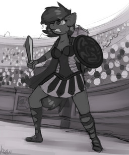 anthro arena clothing female fighting_pose footwear gladiator hair melee_weapon pose sandals shield shoes solo sword warrior weapon marsminer hasbro my_little_pony fan_character venus_spring earth_pony equid equine horse mammal pony 2017 hi_res