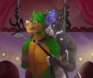 5_fingers anthro ball_gag bdsm bondage bound collar detailed_background dominant dominant_anthro dominant_male duo_focus ear_piercing eyebrows fingers fur gag gagged green_body green_fur group hair hands_behind_back leash leash_pull looking_at_another looking_at_partner male male/male mostly_nude multicolored_body multicolored_fur orange_body orange_fur piercing purple_hair restraints rope rope_bondage rope_harness smile strip_club stuck submissive submissive_anthro submissive_male trapped two_tone_body two_tone_fur samuelwolfo background_character florek yuiga_(yuigafurlove) canid canine canis fox hybrid mammal wolf digital_media_(artwork)