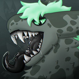 anthro black_flesh bodily_fluids breath fangs green_eyes long_tongue looking_at_viewer male molars mouth_shot open_mouth saliva saliva_on_tongue saliva_string solo teeth tongue raivesper grunt_(jeddy) splynter absurd_res headshot_portrait hi_res portrait