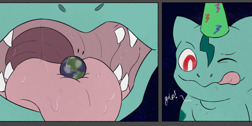 bodily_fluids clothing cosmic_background feral feral_pred giga hat headgear headwear macro male neck_bulge object_vore oral_vore party_hat planet planet_vore saliva saliva_string solo star starry_background swallowing teeth tongue vore suddendraft nintendo pokemon effra bulbasaur generation_1_pokemon pokemon_(species) 2019 absurd_res comic hi_res