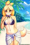 2019 absurd_res animal_crossing anthro beach bikini blush canid canine canis clothing cloud daww digital_media_(artwork) domestic_dog eyelashes female hair hi_res isabelle_(animal_crossing) looking_at_viewer mammal nintendo outside sarong seaside shih_tzu smile solo swimwear text toy_dog twistedscarlett60 two-piece_swimsuit url