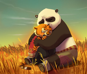5_fingers anthro barefoot black_body black_fur black_nose bodily_fluids bottomwear brown_body brown_fur brown_nose claws clothed clothing comforting crying day detailed_background duo eyes_closed feet female fingers fully_clothed fur grass hug leg_wraps male open_mouth orange_body orange_fur outside overweight pants plant shorts side_view sitting size_difference sky sunset tail tears topless white_body white_fur wraps osato-kun dreamworks kung_fu_panda master_po_ping master_tigress bear felid giant_panda mammal pantherine tiger