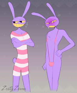 4_fingers angry anthro arm_tuft blush bodily_fluids bulge chest_tuft clothed clothing cross-popping_vein crossdressing crossed_arms elbow_tuft fingers fist hand_on_hip looking_aside male one-piece_swimsuit shaking_fist sling_bikini smug_grin solo standing sweat sweatdrop swimwear tuft zestyzoma glitch_productions the_amazing_digital_circus jax_(tadc) lagomorph leporid mammal rabbit hi_res