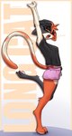 anthro barefoot black_eyeshadow bottomwear breasts claws clothed clothing digitigrade eyeshadow feet female fully_clothed fur lockscreen long_tail makeup medium_breasts multicolored_body multicolored_fur on_one_leg open_mouth orange_body orange_fur pawpads paws pink_pawpads pose shirt shorts side_view slim solo standing stretching t-shirt tail toe_claws toes topwear yawn carbonfloof epic_games fortnite longcat meow_skulls calico_cat domestic_cat felid feline felis mammal absurd_res full-length_portrait hi_res meme pinup portrait