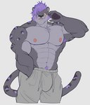 abs anthro armpit_hair barazoku body_hair bottomwear bulge clothing hair male muscular nipples pants pecs purple_hair shy solo tail zhangkuu ja'aran_(sona) domestic_cat felid feline felis mammal pantherine snow_leopard hi_res