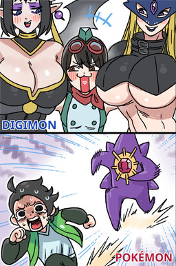 big_breasts black_hair blue_eyes blush bodily_fluids breasts cleavage clothed clothing eyeshadow eyewear eyewear_on_head female goggles goggles_on_head group hair happy heart_in_mouth huge_breasts humanoid_pointy_ears makeup male mask mole_under_eye motion_lines open_mouth pointy_ears purple_body purple_eyes purple_eyeshadow running scared smile sweat under_boob wings torashukun bandai_namco digimon digimon_story:_time_stranger nintendo pokemon pokemon_legends_z-a kanan_yuki beelstarmon digimon_(species) generation_9_pokemon human humanoid lilithmon mammal mega_evolution mega_starmie pokemon_(species) absurd_res hi_res