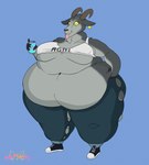 anthro belly beverage beverage_can big_belly big_breasts blue_background bottomwear breasts clothing crop_top deep_navel denim denim_bottomwear denim_clothing dotted_background ear_piercing ear_tag female fingers footwear fur grey_body grey_fur holding_beverage holding_object hooved_fingers hooves horizontal_pupils horn huge_belly jeans love_handles morbidly_obese morbidly_obese_anthro morbidly_obese_female navel nipple_outline obese obese_anthro obese_female overweight overweight_anthro overweight_female pants pattern_background piercing pupils shirt shoes simple_background solo text text_on_clothing text_on_topwear tongue tongue_out topwear torn_bottomwear torn_clothing weight_gain yellow_eyes vulpgulps coffee_stain_studios epic_games fortnite goat_simulator pilgor_(goat_simulator) bovid caprine goat mammal 2022 absurd_res hi_res