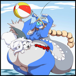 anthro ball beach_ball big_butt bite black_border blonde_hair blue_body blue_fur border butt butt_bite clothing cutout duo eyewear fur glasses hair huge_butt inflatable male multicolored_body multicolored_fur navel navel_outline one-piece_swimsuit outie_navel pregnant pregnant_male sharkini swimwear teeth text thick_thighs two_tone_body two_tone_fur water white_body white_fur white_hair deonwolf aero_vonheart deon_(deonwolf) canid canine canis fennec_fox fox mammal true_fox wolf 1:1 2024 digital_media_(artwork) english_text hi_res