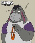 anthro clothed clothing hair holding_clothing holding_object holding_underwear male overweight overweight_anthro overweight_male plushie shirt simple_background solo standing topwear underwear gendomx disney winnie_the_pooh_(franchise) eeyore animate_inanimate asinus donkey equid equine mammal digital_media_(artwork) hi_res