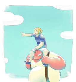 belly big_belly black_sclera blonde_hair blue_clothing blue_eyes blue_shirt blue_sky blue_t-shirt blue_topwear bottomwear carrying_another clothed clothing cloud duo hair male mouth_closed on_shoulders open_mouth open_smile outside overweight overweight_humanoid overweight_male pale_skin pants pattern_clothing pattern_shirt pattern_t-shirt pattern_topwear red_body red_skin shirt short_hair sky smile striped_clothing striped_shirt striped_t-shirt striped_topwear stripes t-shirt teeth topwear white_bottomwear white_clothing white_pants yellow_clothing yellow_eyes yellow_shirt yellow_t-shirt yellow_topwear chocolateandmilk vincent_(chocolate-beverage) demon humanoid hi_res