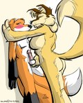 anthro ball_fondling balls blush dipstick_tail duo erection female fondling genitals gloves_(marking) male male/female markings nude penis pinned slightly_chubby standing tail tail_markings emmm charly canid canine canis fox mammal wolf roland_(disambiguation) 4:5