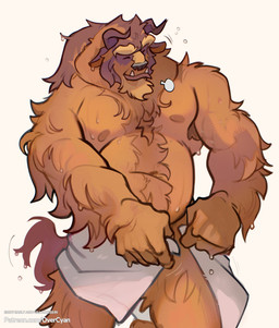 2_horns anthro armpit_hair body_hair brown_body brown_fur fangs fur goat_ears horn male musclegut muscular nipples solo tail teeth towel towel_around_waist towel_only overcyan beauty_and_the_beast disney beast_(disney) monster hi_res