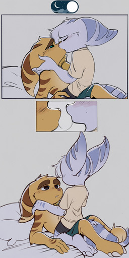 anthro blush bodily_fluids clothed clothed_female clothing duo female fur hair kissing male male/female pillow pink_nose saliva saliva_string tail tail_tuft topless topless_male tuft white_body white_fur white_hair yellow_body yellow_fur time_fluffy500 ratchet_and_clank sony_corporation sony_interactive_entertainment ratchet_(ratchet_and_clank) rivet_(ratchet_and_clank) lombax mammal absurd_res comic hi_res